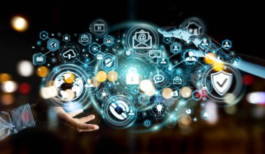 Beyaz robot el siber güvenlik veri arabirimi 3d rendering kullanarak arka plan bulanık üzerinde