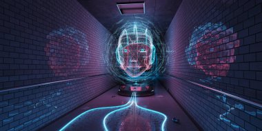 Mavi ve pembe cyborg hologram bir metro iç 3d render tarassut