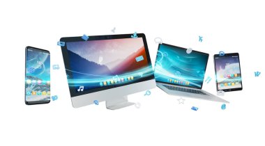 Teknik cihazlar ve simgeler uygulamaları bağlı ve beyaz arka plan üzerinde 3d render izole