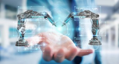 Robotik Kol ile dijital ekran 3d rendering kullanarak arka plan bulanık üzerinde işadamı