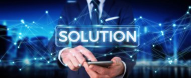 İşadamı çözüm dijital metin 3d rendering kullanarak arka plan bulanık üzerinde