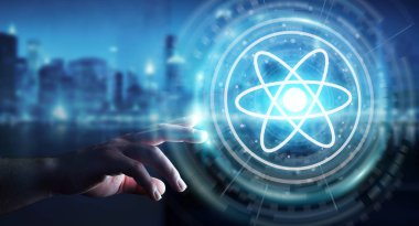 İşadamı modern molekül yapısı 3B oluşturmayı kullanarak arka plan bulanık üzerinde