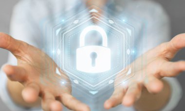 İşkadını üstünde onun veriler ile güvenliğini arabirimi 3d render arka plan bulanık