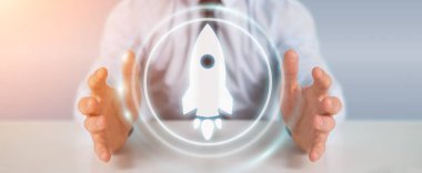 İşadamı başlangıç dijital arabirimi 3d rendering kullanarak arka plan bulanık üzerinde