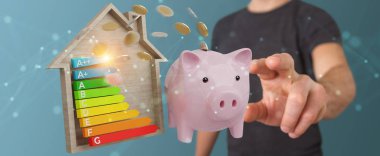 İşadamı iyi enerji grafik rating 3d render ile para tasarrufu bulanık arka plan üzerinde