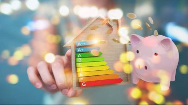 İşkadını iyi enerji grafik rating 3d render ile para tasarrufu bulanık arka plan üzerinde
