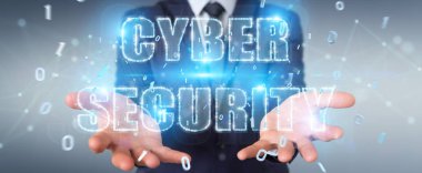 Siber Güvenlik metin hologram 3B oluşturmayı kullanarak arka plan bulanık üzerinde işadamı