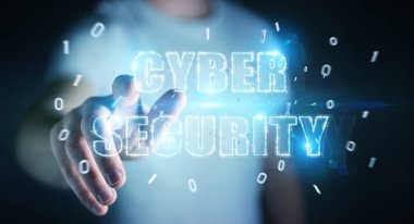 Siber Güvenlik metin hologram 3B oluşturmayı kullanarak arka plan bulanık üzerinde işadamı