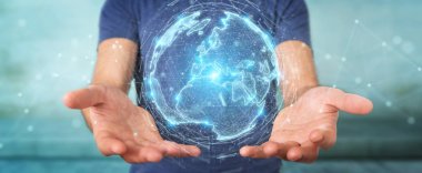 İşadamı üzerinde küre ağ hologram Avrupa ile harita 3B oluşturmayı kullanarak arka plan bulanık