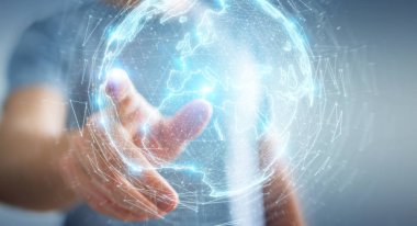 İşadamı üzerinde küre ağ hologram Avrupa ile harita 3B oluşturmayı kullanarak arka plan bulanık
