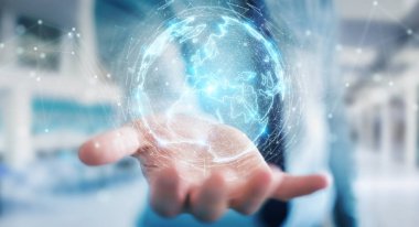 İşadamı üzerinde küre ağ hologram Avrupa ile harita 3B oluşturmayı kullanarak arka plan bulanık