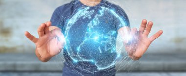 İşadamı üzerinde küre ağ hologram Avrupa ile harita 3B oluşturmayı kullanarak arka plan bulanık