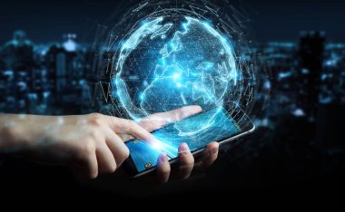 İşadamı üzerinde küre ağ hologram Avrupa ile harita 3B oluşturmayı kullanarak arka plan bulanık