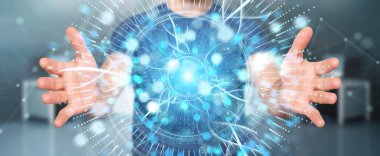 İşadamı dijital göz gözetim hologram 3B oluşturmayı kullanarak arka plan bulanık üzerinde