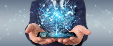 İşadamı dijital göz gözetim hologram 3B oluşturmayı kullanarak arka plan bulanık üzerinde