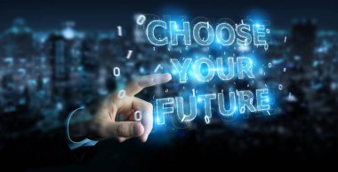 İşadamı gelecek metin arabirimi 3d rendering kullanarak arka plan bulanık üzerinde