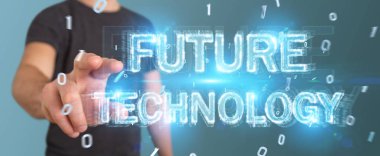 Geleceğin teknolojisi metin arabirimi 3d rendering kullanarak arka plan bulanık üzerinde işadamı