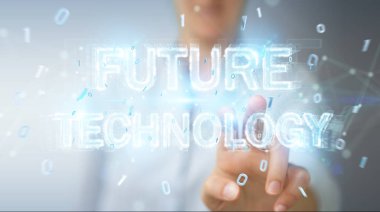 İşkadını geleceğin teknolojisi metin arabirimi 3d rendering kullanarak arka plan bulanık üzerinde