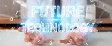 Geleceğin teknolojisi metin arabirimi 3d rendering kullanarak arka plan bulanık üzerinde işadamı