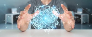 İşadamı dijital üçgen küre hologram 3d render patlayan kullanarak arka plan bulanık üzerinde