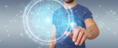 İşadamı dijital küre bağlantısı hologram 3B oluşturmayı kullanarak arka plan bulanık üzerinde