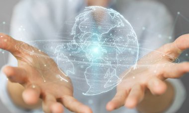 İşkadını üzerinde küre ağ hologram Amerika ABD harita 3d render ile kullanarak arka plan bulanık