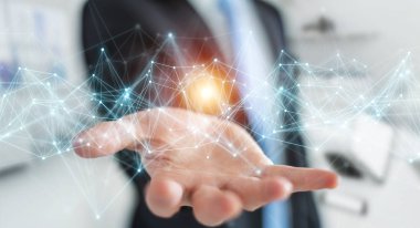 Bulanık arkaplanda uçan ağ bağlantısı 3D görüntüleme kullanan bir işadamı