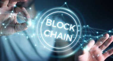 İşadamı blockchain cryptocurrency arabirimi 3d rendering kullanarak arka plan bulanık üzerinde