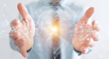 ABD dünya harita arayüzü 3B oluşturmayı kullanarak arka plan bulanık üzerinde işadamı