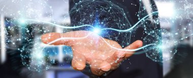 Dijital ağ bağlantısı küre 3B oluşturmayı kullanarak arka plan bulanık üzerinde işadamı