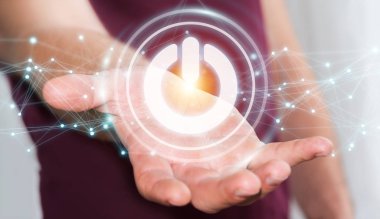 İşadamı 3d kullanarak arka plan bulanık üzerinde render güç düğmesi ile bağlantı