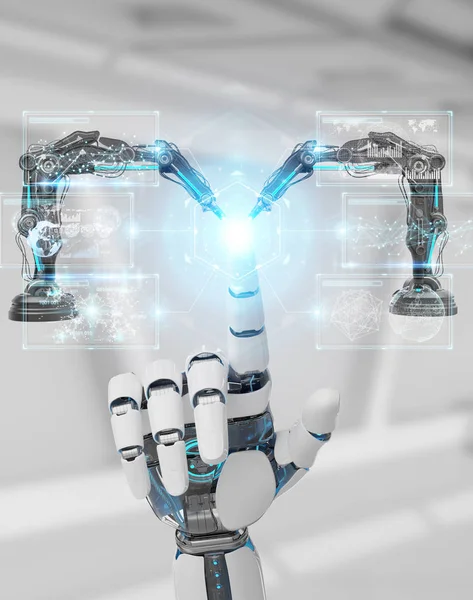 White robot hand on blurred background using robotics arms with digital screen 3D rendering