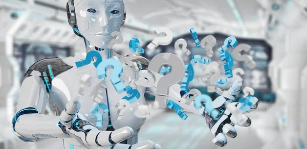 Dijital soru işaretleri 3B oluşturmayı kullanarak arka plan bulanık beyaz robot
