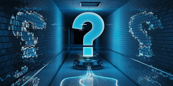 Blue question marks digital hologram in underground 3D rendering