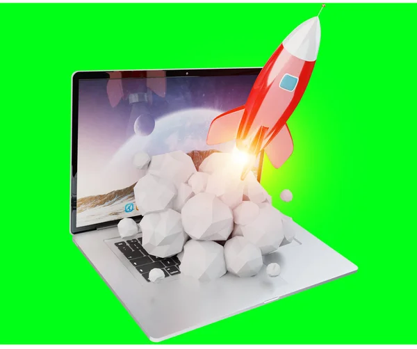 Rocket launching from a laptop isolated on green background 3D rendering
