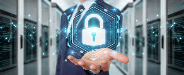 Бизнесмен на размытом фоне защищает свои данные с помощью интерфейса безопасности 3D рендеринга
