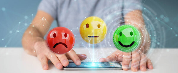 Бизнесмен на размытом фоне, используя рейтинг удовлетворенности клиентов 3D рендеринг
