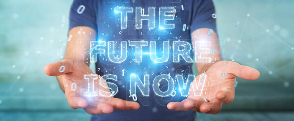 Businessman on blurred background  using future text interface 3D rendering