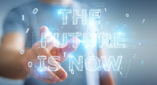 Businessman on blurred background  using future text interface 3D rendering