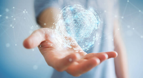 Businessman on blurred background using digital triangle exploding sphere hologram 3D rendering