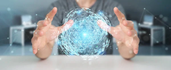 デジタル三角形球ホログラム レンダリングの爆発を使って背景をぼかした写真の実業家 — ストック写真