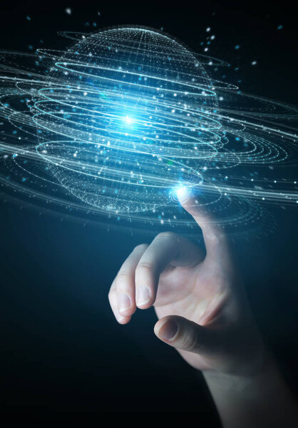 Бизнесвумен на размытом фоне с помощью цифровой голограммы подключения сферы 3D рендеринга
