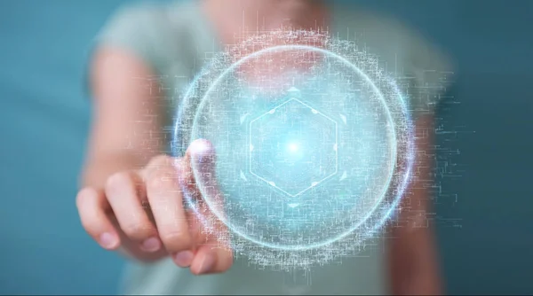 Geschäftsfrau Auf Verschwommenem Hintergrund Mit Digitalem Sphere Connection Hologramm Rendering — Stockfoto