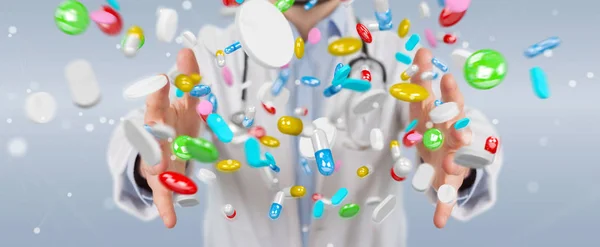 Médico Fundo Desfocado Dando Pílulas Coloridas Para Tratamento Renderização — Fotografia de Stock