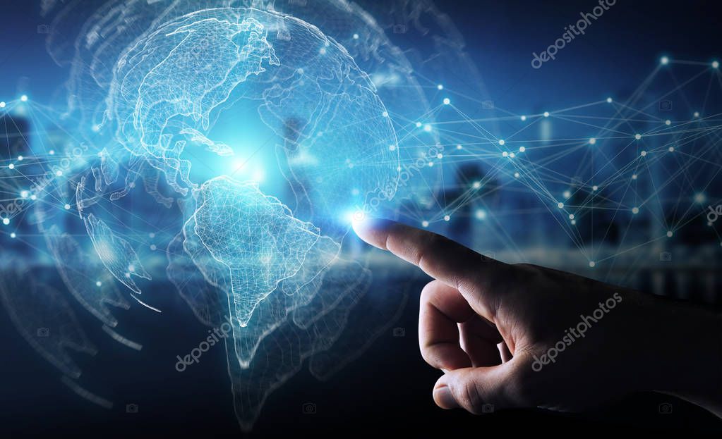 Businessman on blurred background using USA world map interface 3D rendering