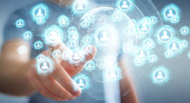 Sosyal ağ arabirimi 3d rendering kullanarak arka plan bulanık üzerinde işadamı