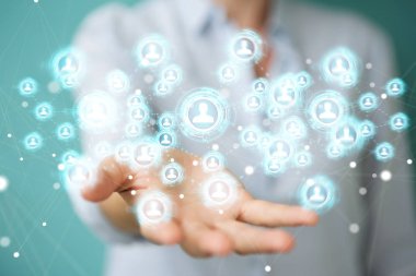 İşkadını sosyal ağ arabirimi 3d rendering kullanarak arka plan bulanık üzerinde