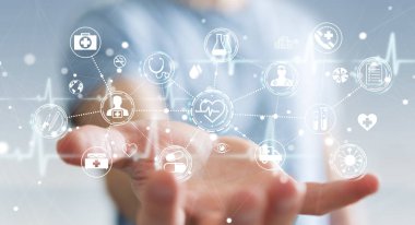 İşadamı dijital tıbbi arabirimi 3d rendering kullanarak arka plan bulanık üzerinde