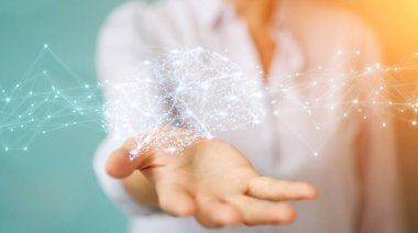Hücre ve neurons aktivitesiyle 3d render dijital röntgen insan beyni arabirimini kullanarak iş kadını