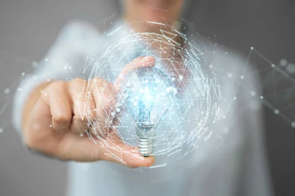 Businesswoman Blurred Background Holding Lighbulb Connections Her Hand Rendering — Stock Photo, Image
